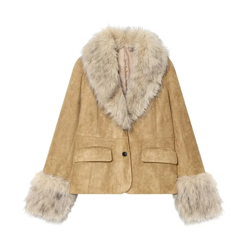 Fitted Faux Suede Blazer with Fur-Effect Trim