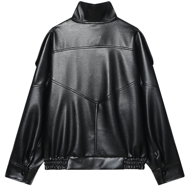 Cropped Faux Leather Bomber with Funnel Collar