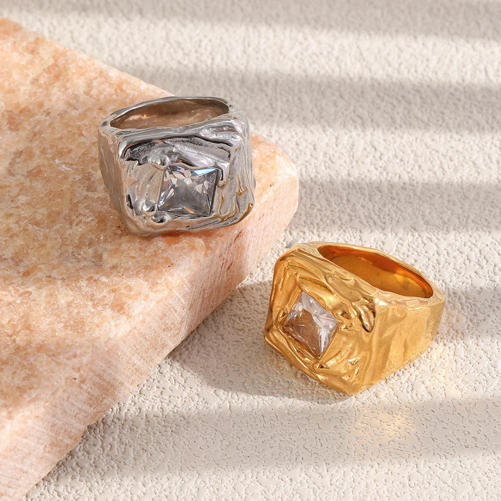 Molten Hammered Square Cubic Zirconia Ring