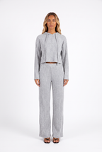 Heather grey rib-knit cropped hoodie and wide-leg trouser set — front