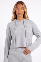 Heather grey rib-knit cropped hoodie and wide-leg trouser set — hood and drawstring detail