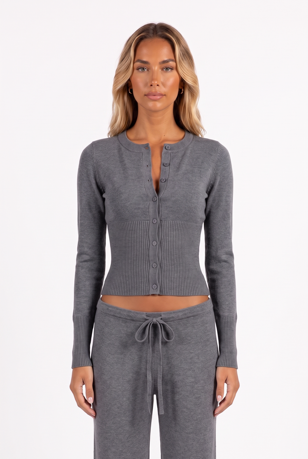 Dark grey knit cardigan and low-rise drawstring trouser set — button placket and drawstring detail