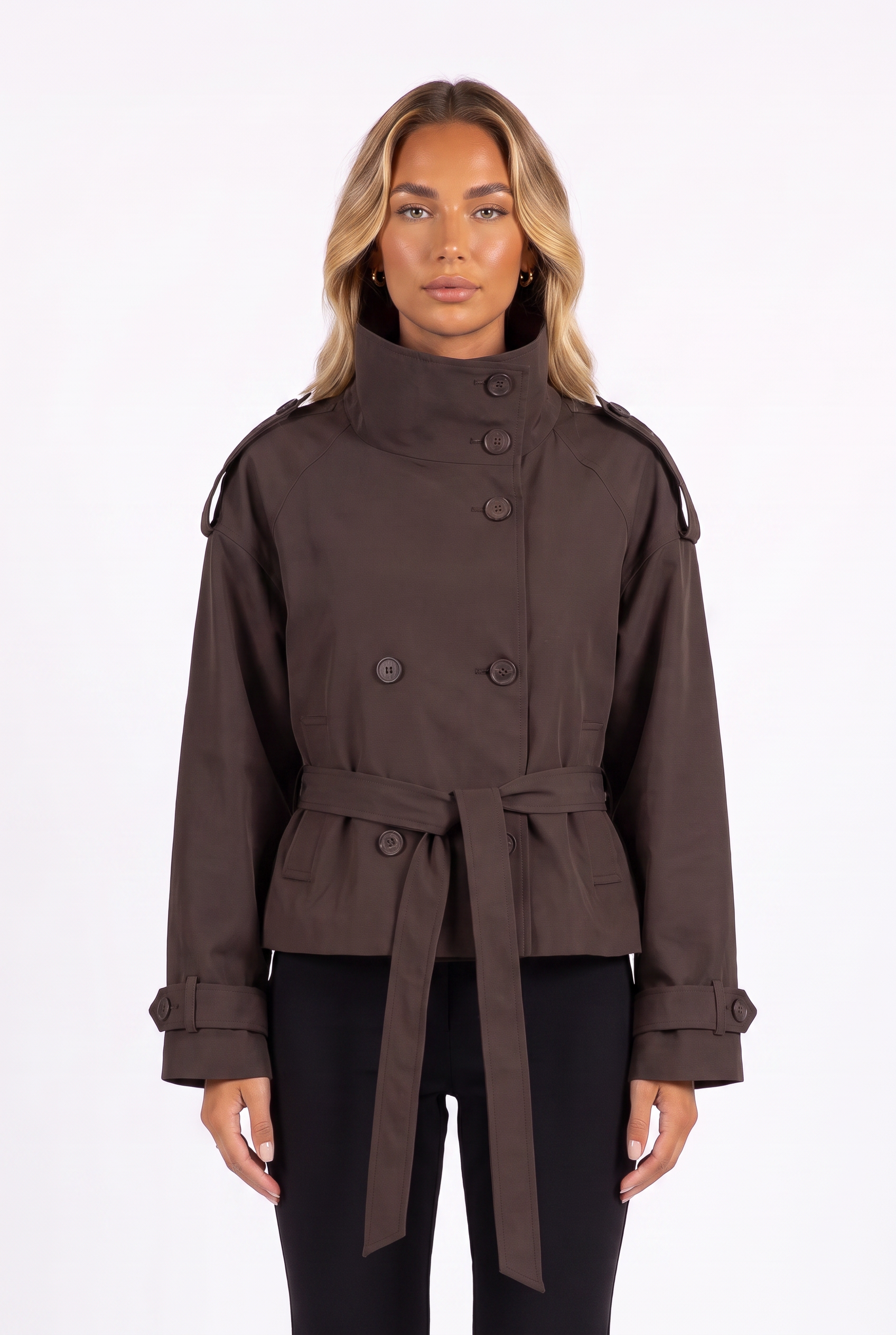 Brown cropped double-breasted belted trench jacket — collar, buttons and belt detail