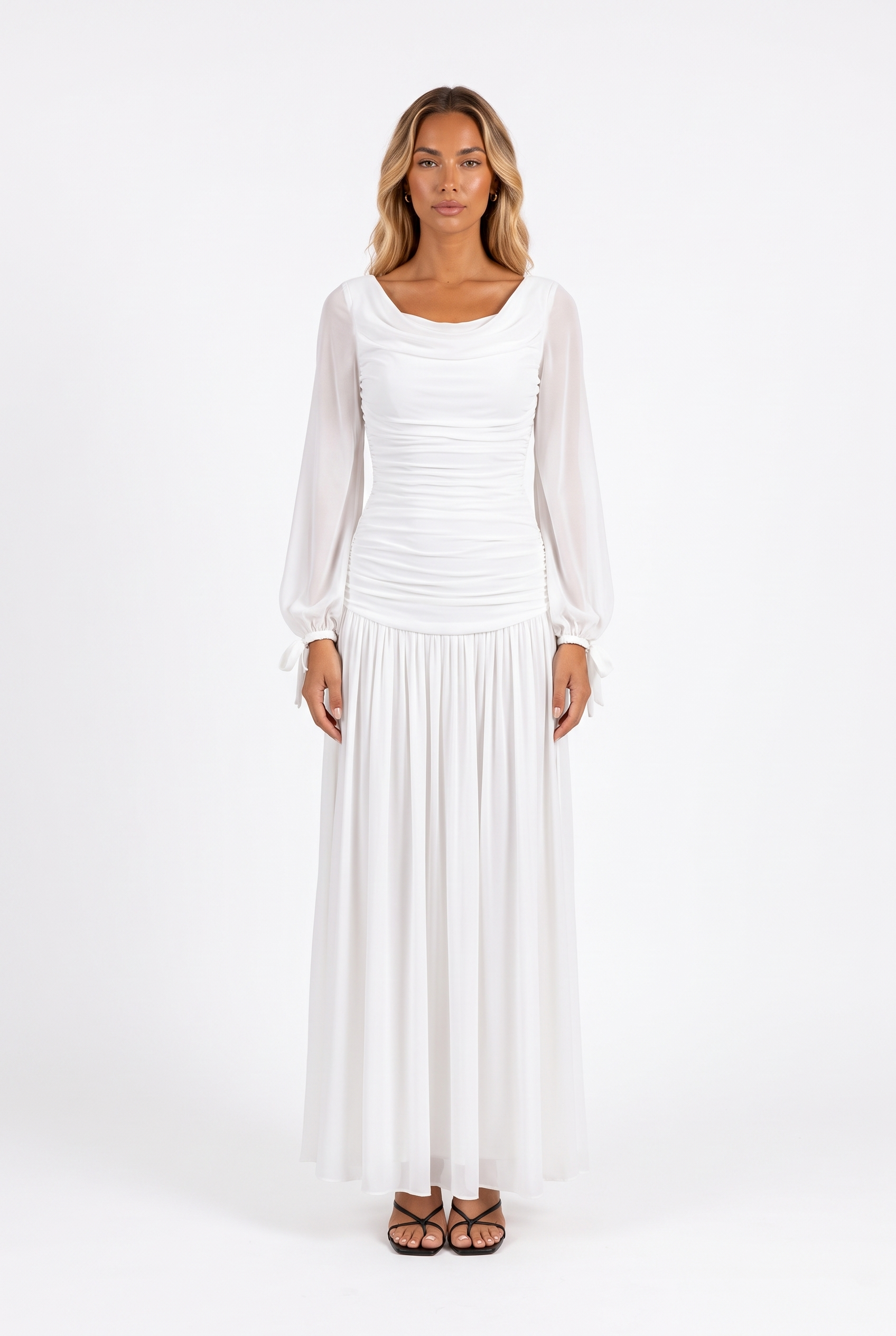 White draped cowl-neck ruched maxi dress with sheer bishop sleeves — front