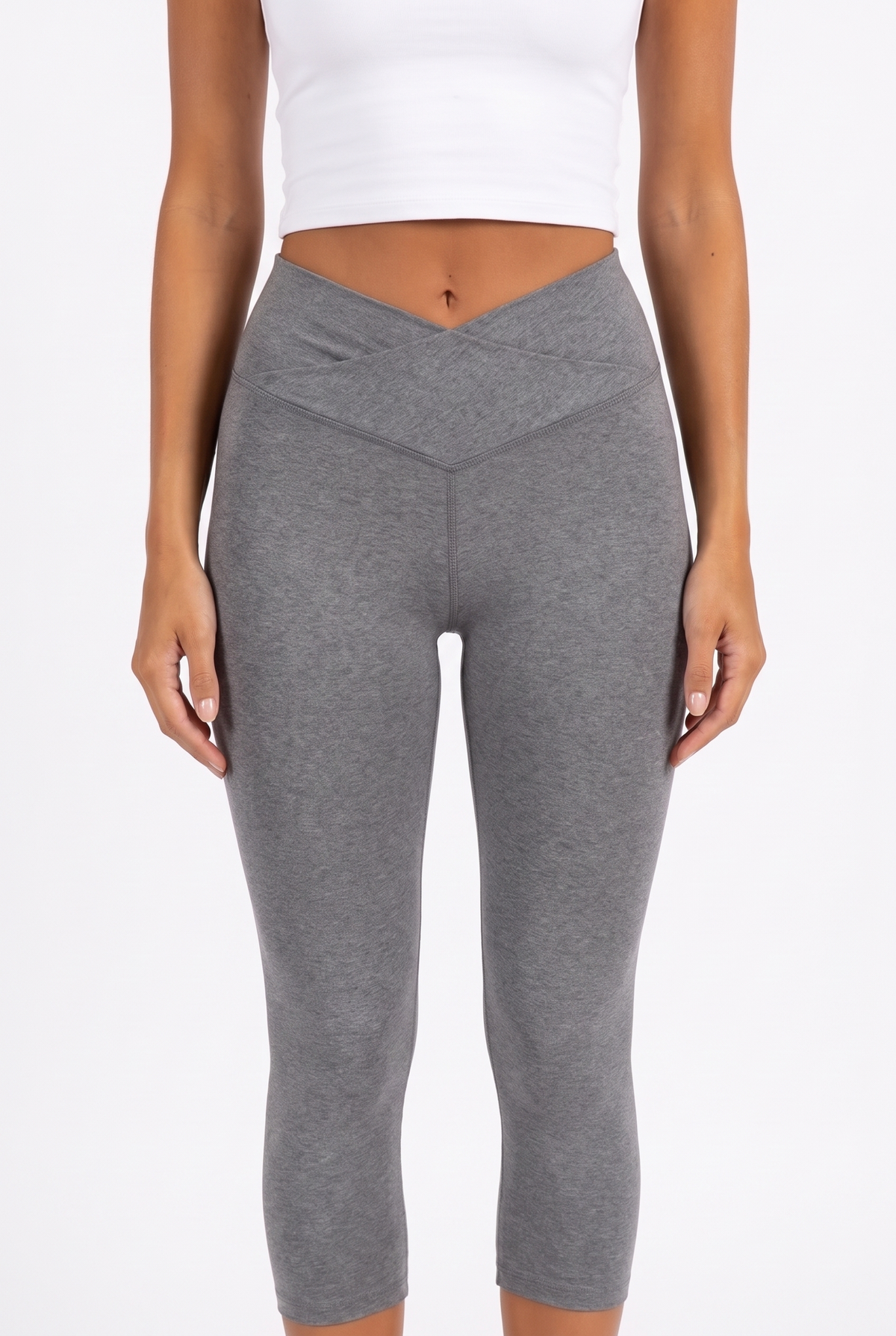 Heather grey crossover high-waist capri leggings — crossover waistband detail