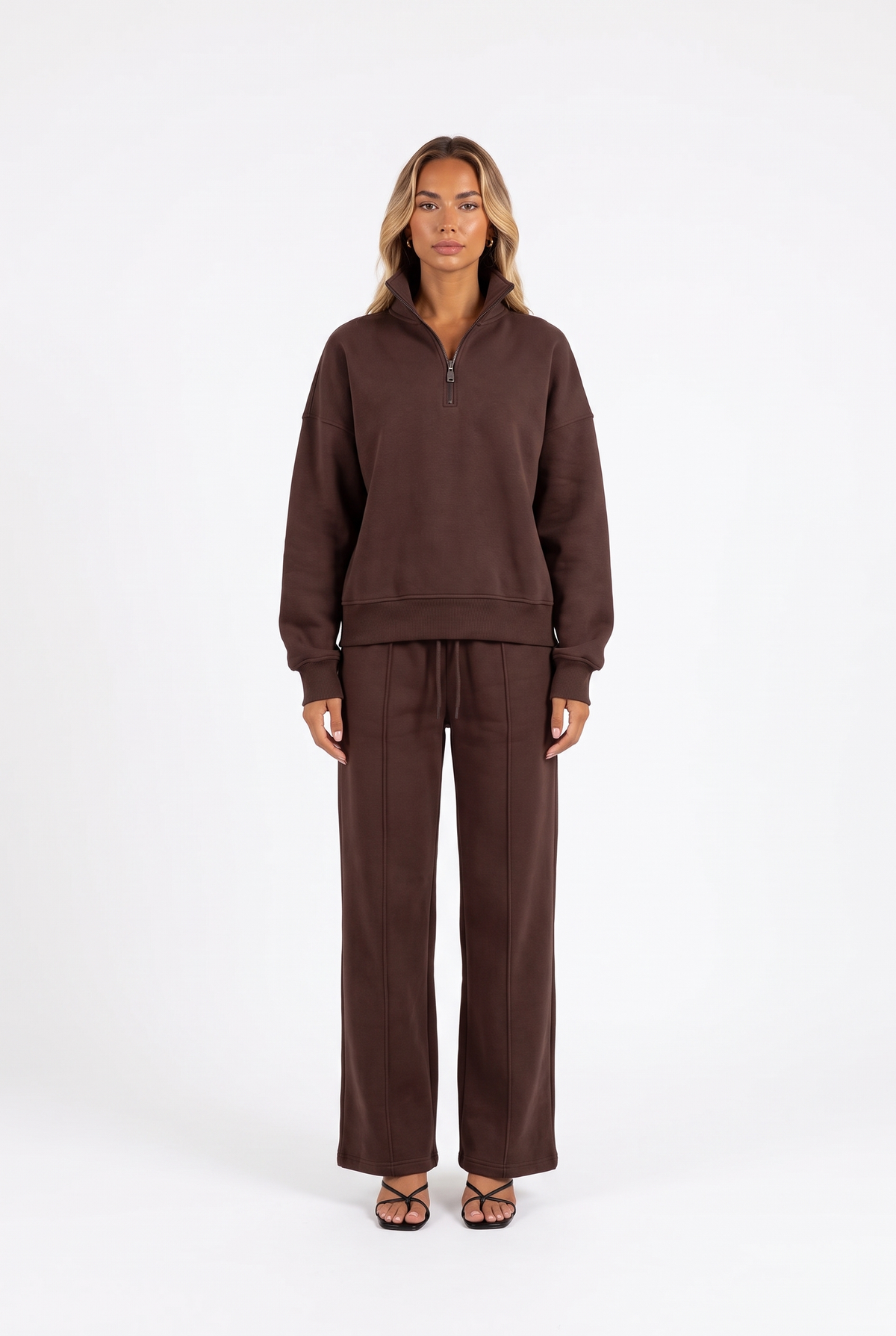 Coffee brown quarter-zip sweatshirt and wide-leg sweatpant set — front