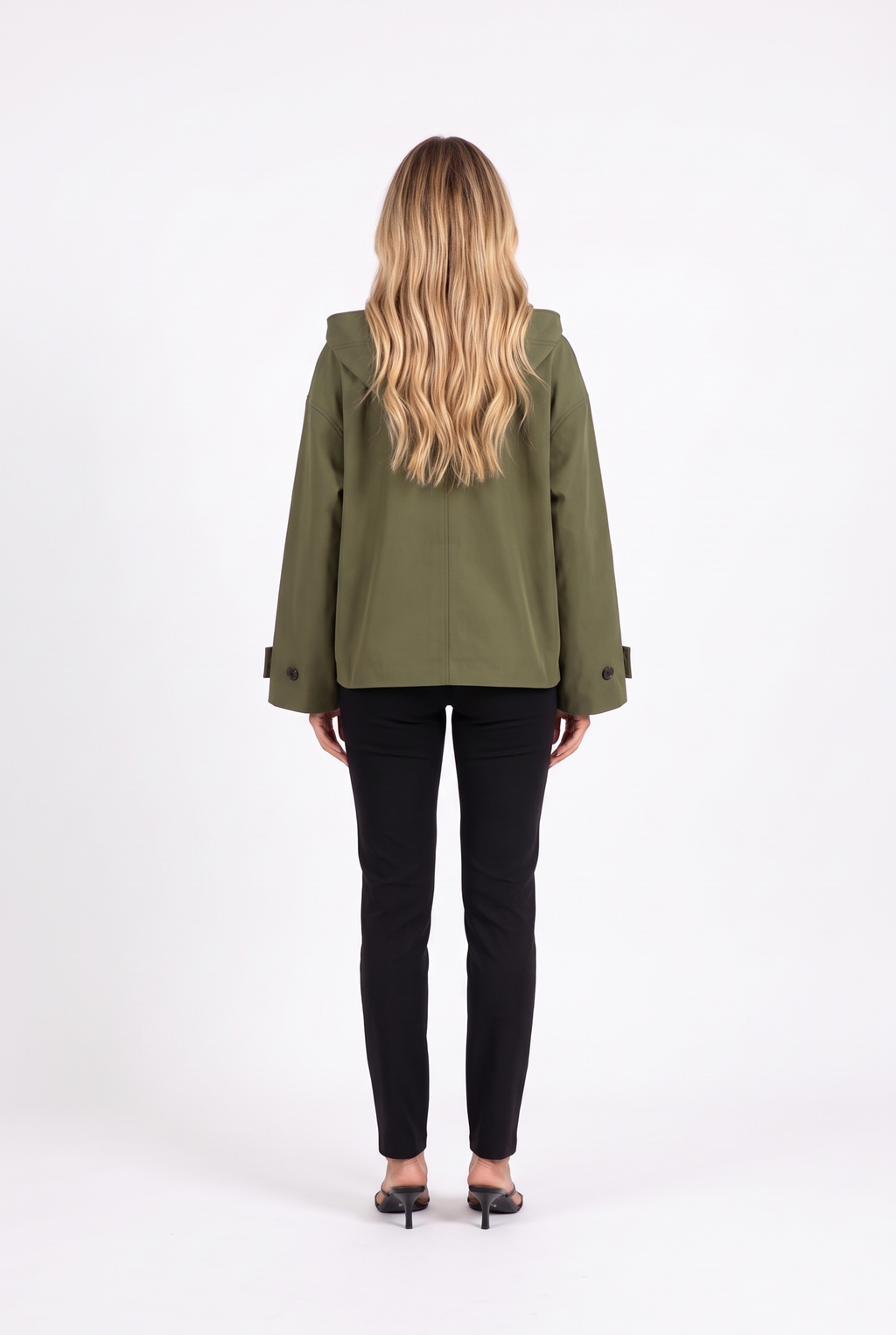 Army green oversized hooded cotton-twill jacket — back with hood
