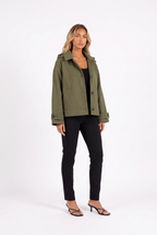 Army green oversized hooded cotton-twill jacket — three-quarter
