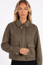 Olive faux-suede cropped snap-pocket jacket — collar, placket and pocket detail