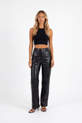 Black faux-leather high-waist wide-leg trousers — front