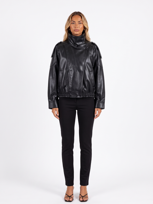 Cropped Faux Leather Bomber with Funnel Collar