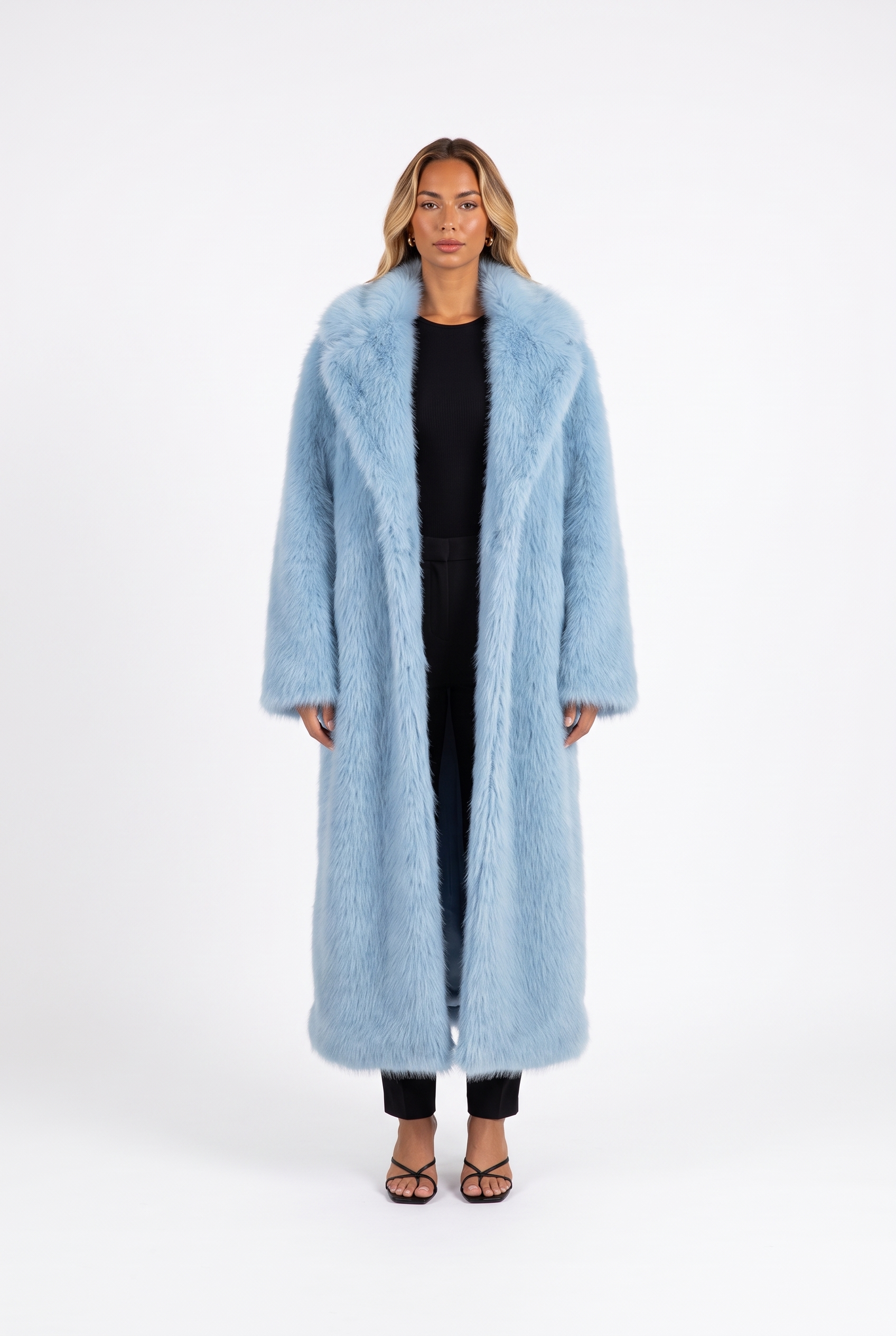 Sky blue long faux fur coat with notched lapels — front
