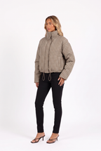 Brown gingham padded funnel-neck cropped jacket — three-quarter