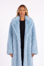 Sky blue long faux fur coat with notched lapels — lapel and fur detail