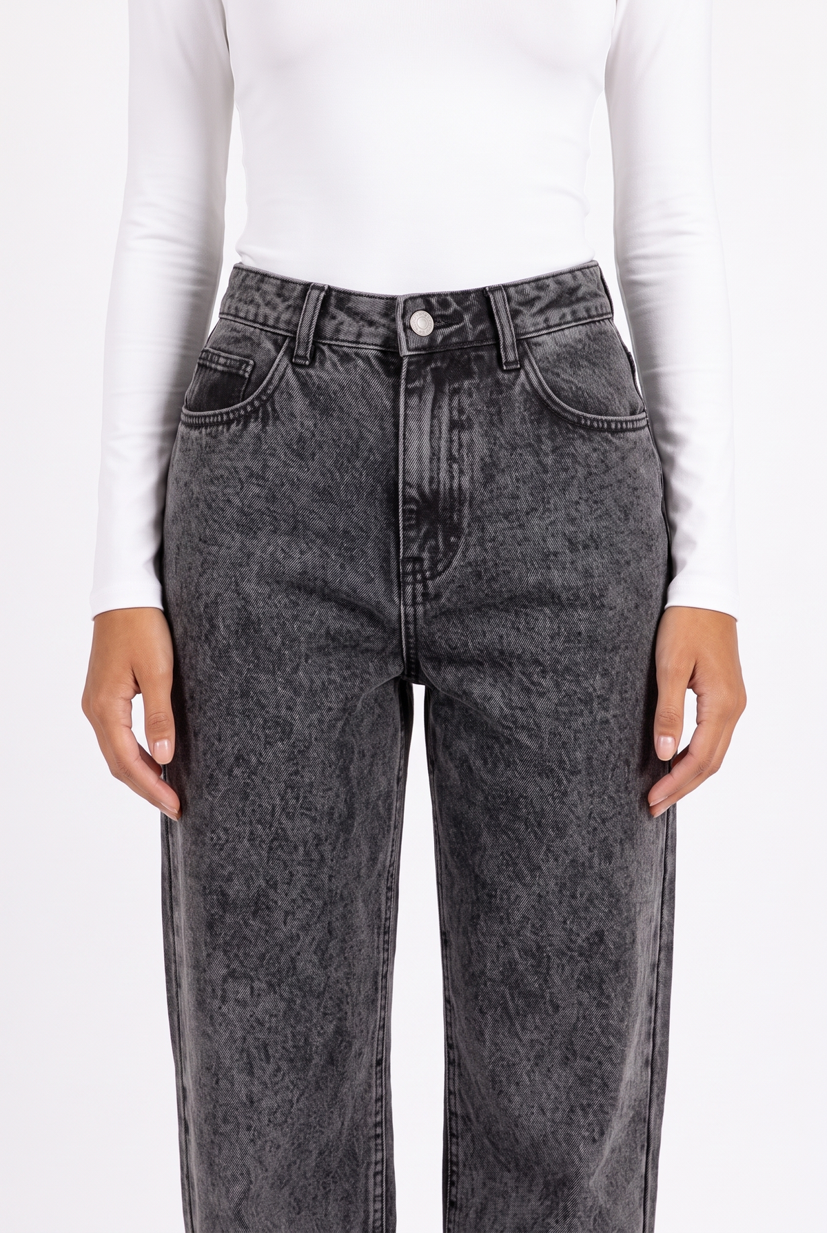 Charcoal acid-wash high-waist wide-leg jeans — waistband, fly and pocket detail