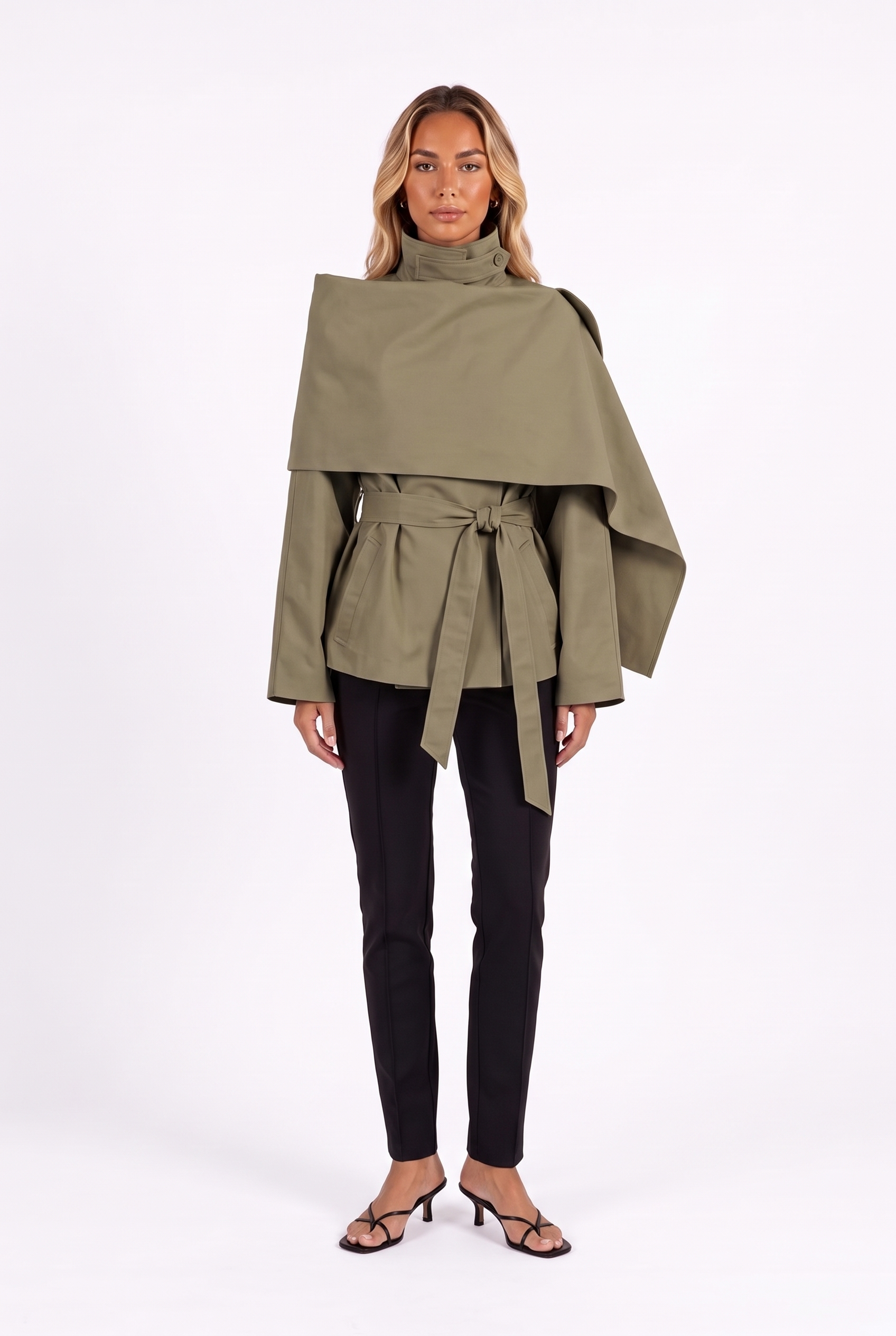 Belted asymmetric cape jacket in Olive Green — front