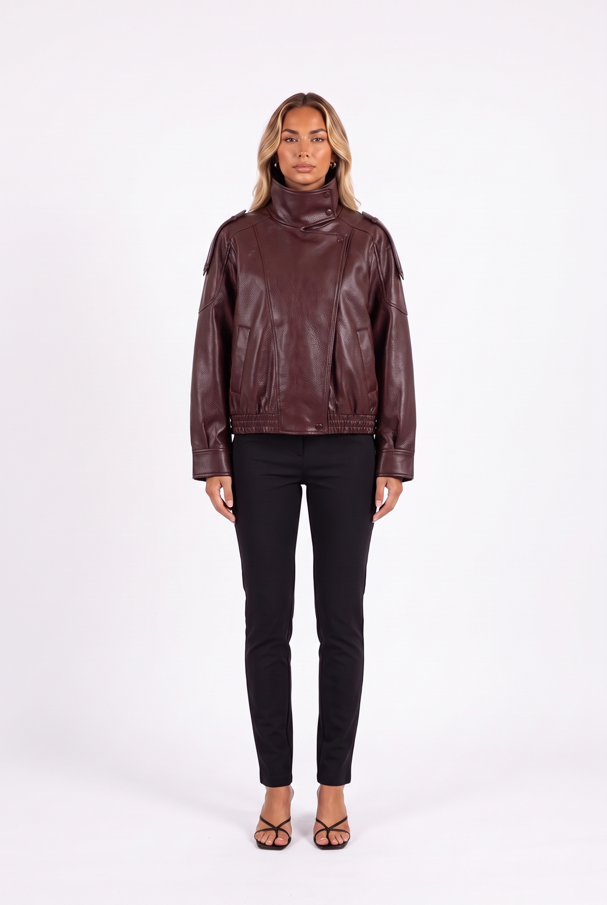 Cropped faux leather bomber with funnel collar in Burgundy — front