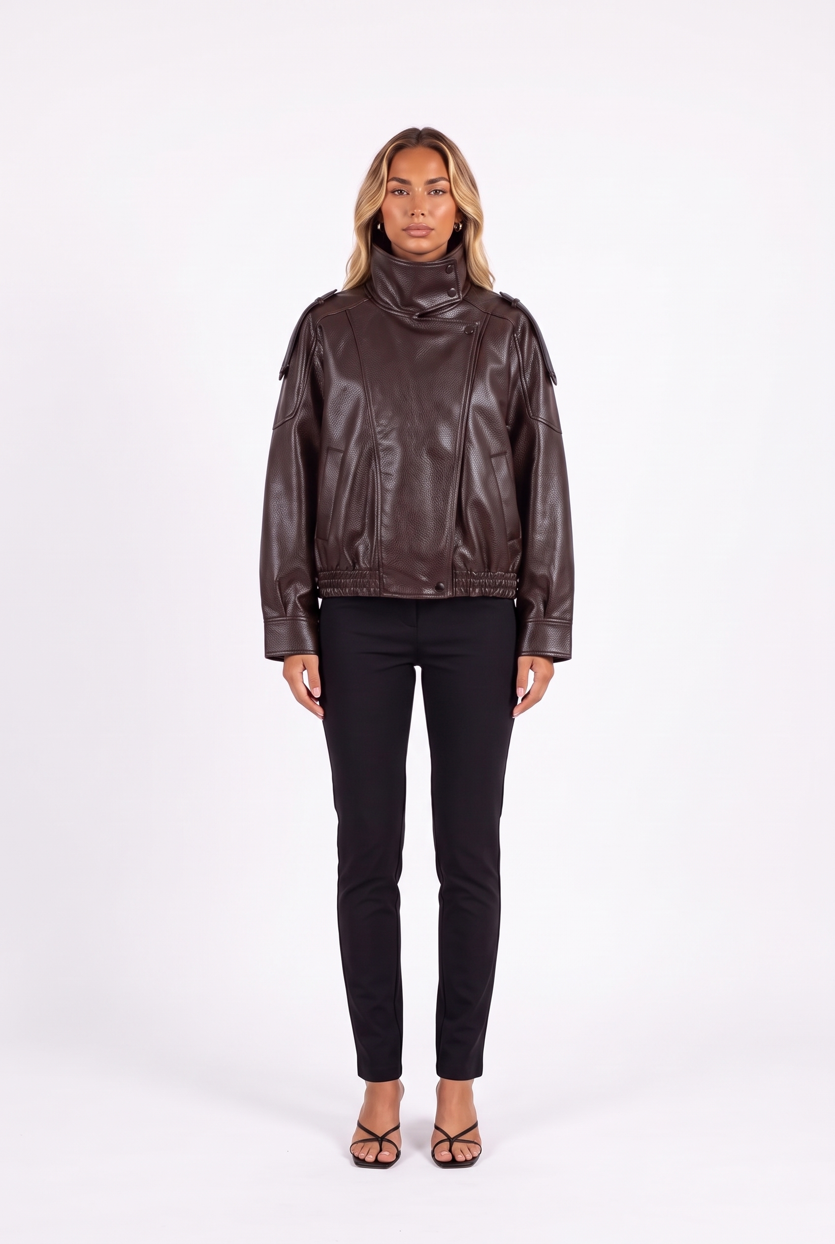 Cropped faux leather bomber with funnel collar in Brown — front