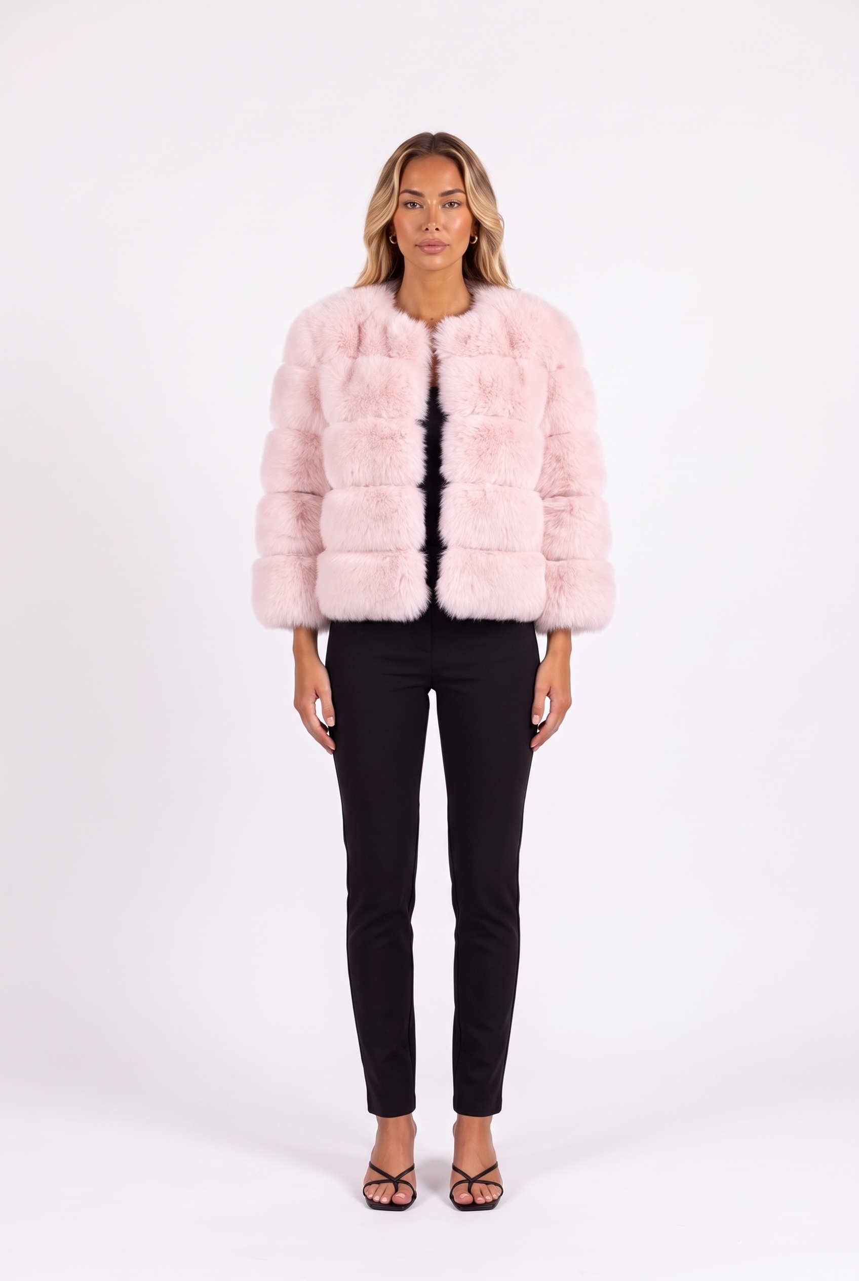 Light Pink cropped faux fur jacket with three-quarter sleeves — front