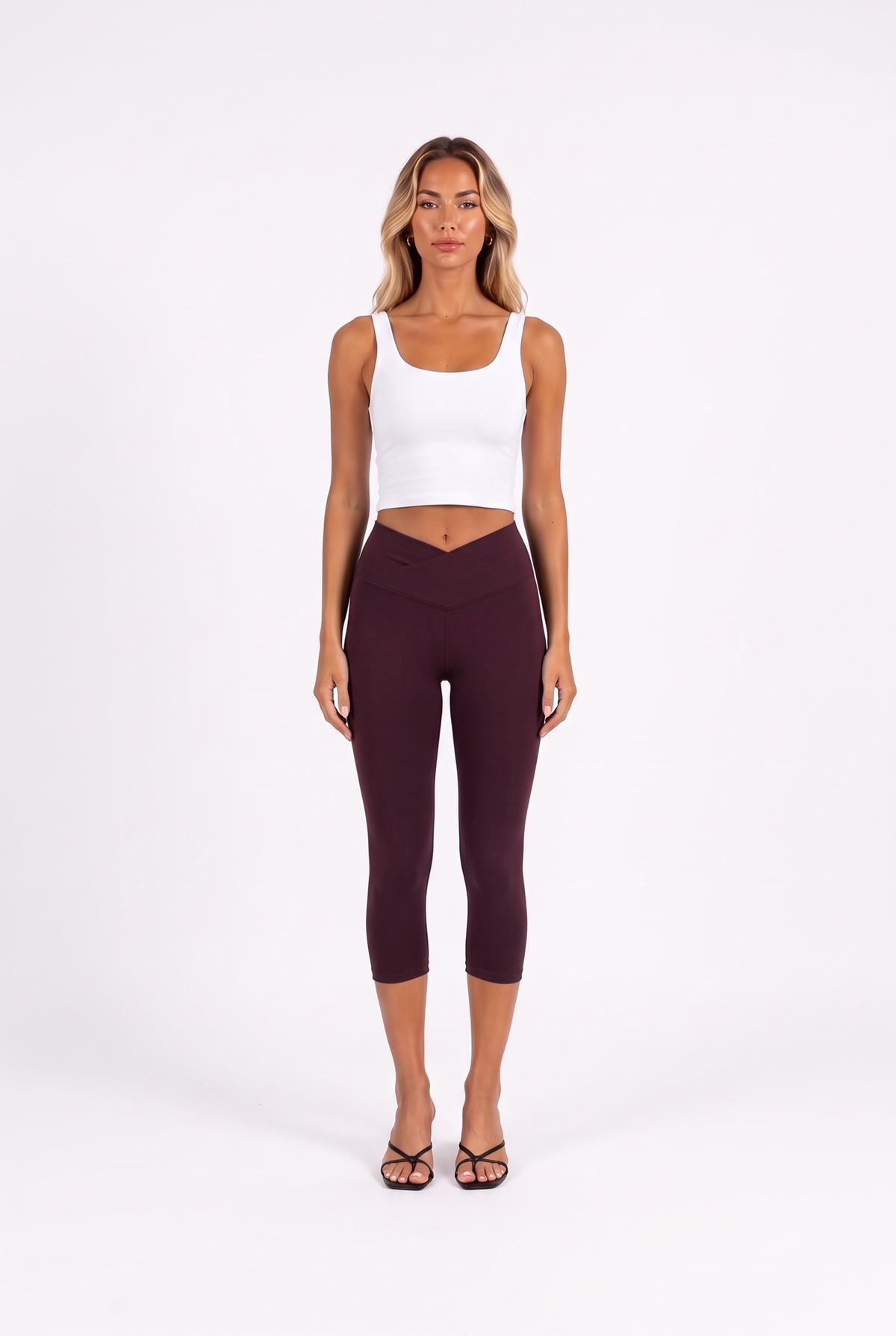 Crossover High-Waist Capri Leggings in Burgundy — front