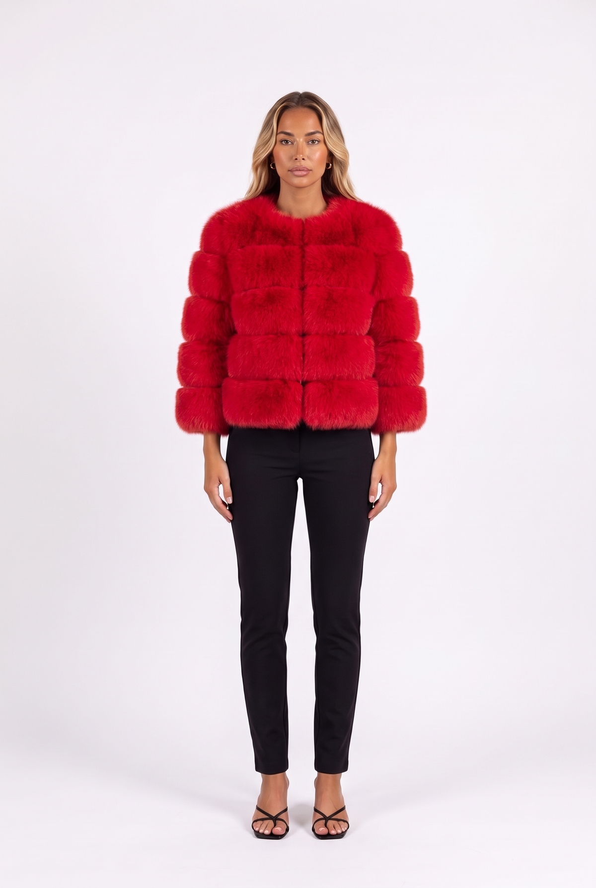 Red cropped faux fur jacket with three-quarter sleeves — front