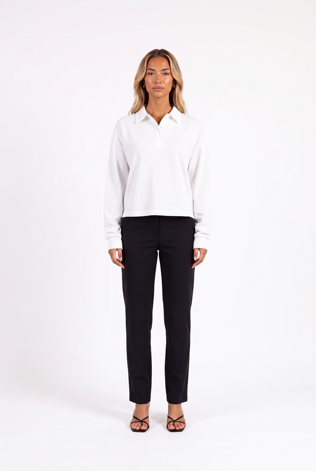 Long-sleeve cropped polo top in White — front