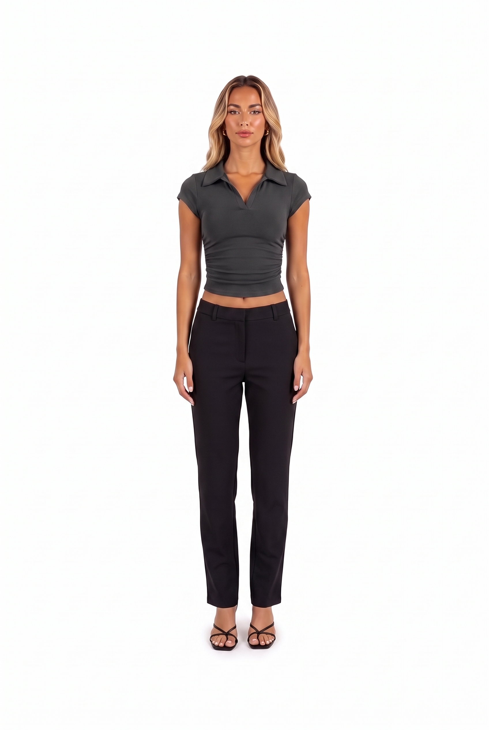 Slim Collared Crop Polo Top in Dark grey — front