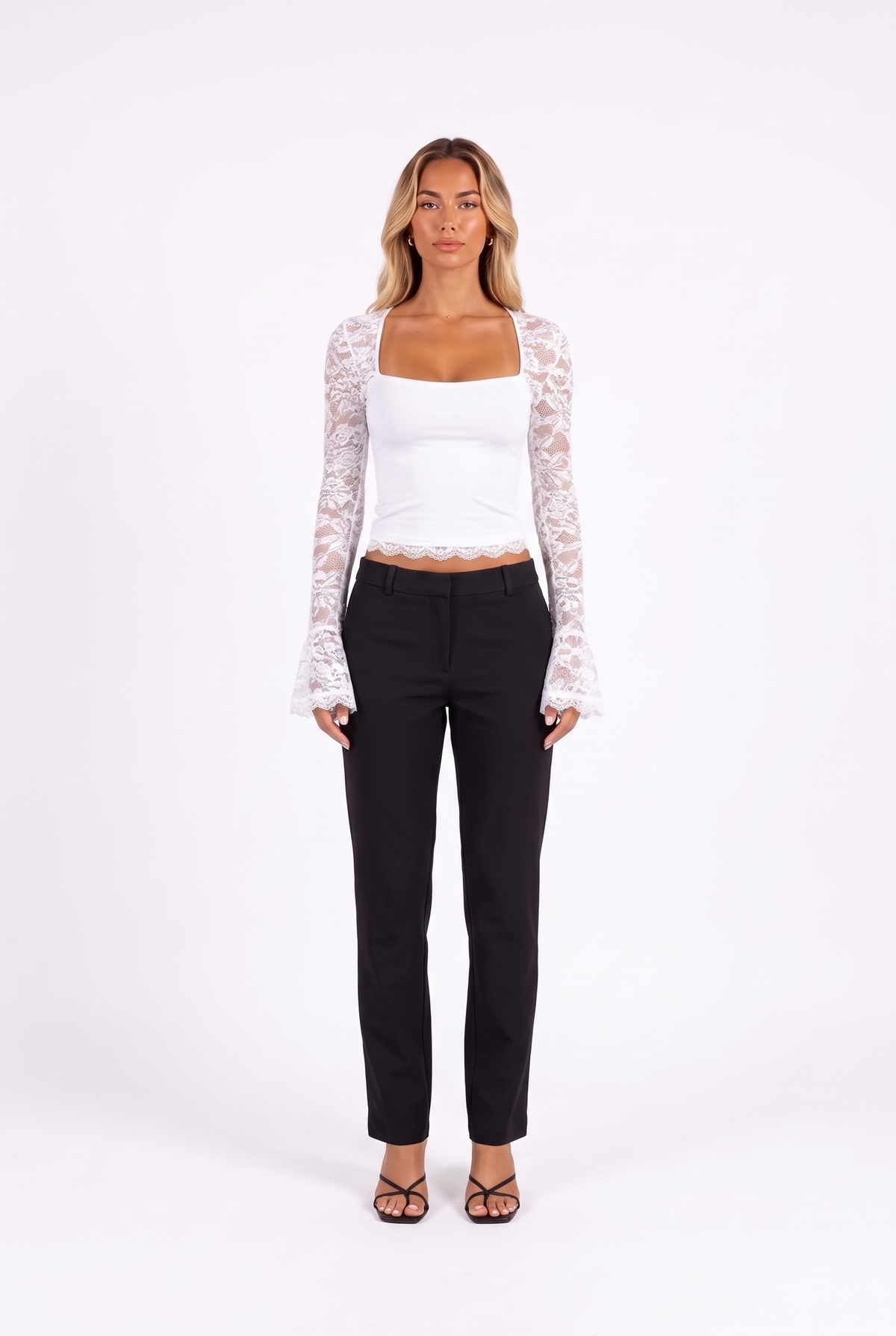 Lace-trim square-neck flare-sleeve top in WHITE — front