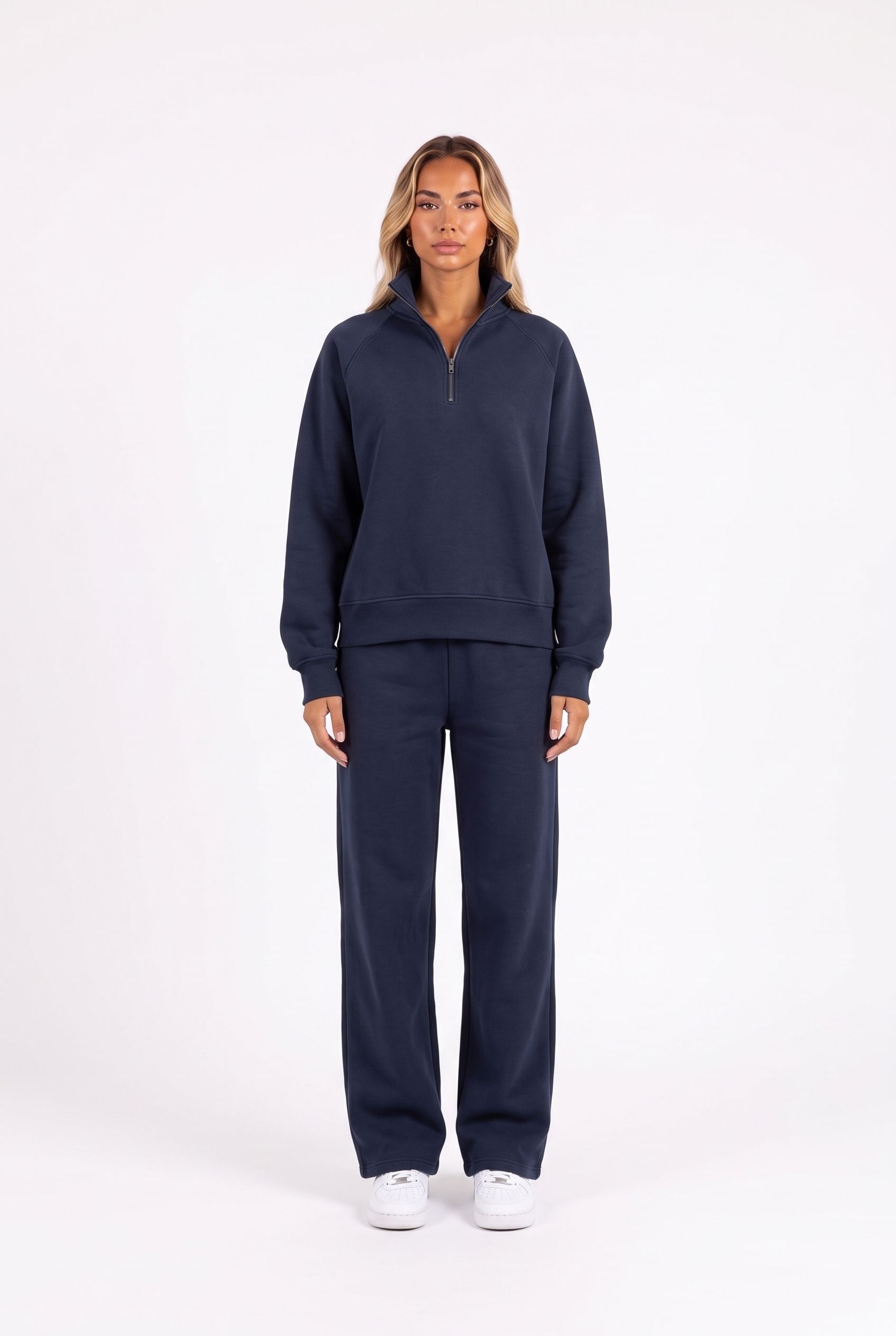 Funnel-collar zip sweatshirt and wide-leg pants set in navy blue — front