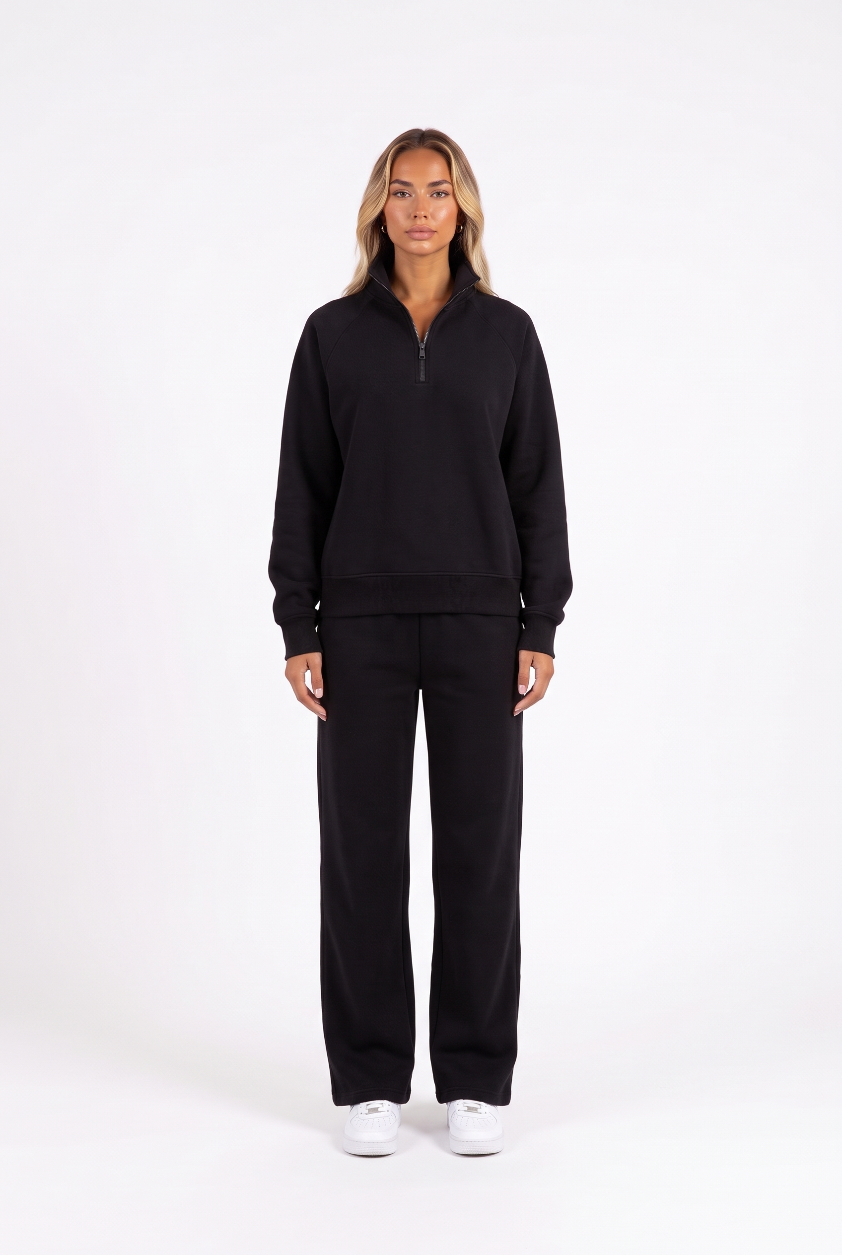 Funnel-collar zip sweatshirt and wide-leg pants set in black — front