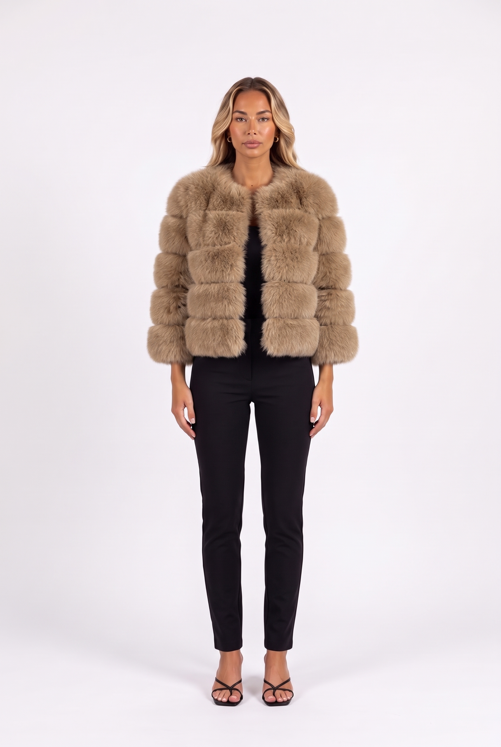 Dark Camel cropped faux fur jacket with three-quarter sleeves — front