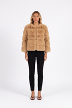 Light Camel cropped faux fur jacket with three-quarter sleeves — front