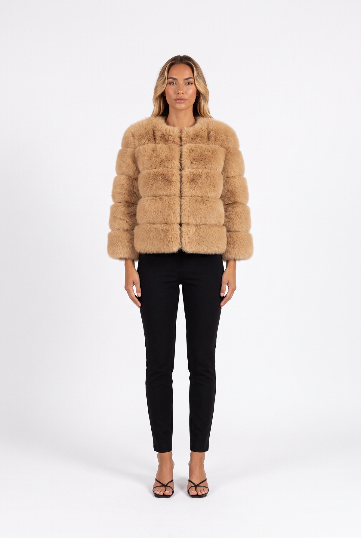 Light Camel cropped faux fur jacket with three-quarter sleeves — front