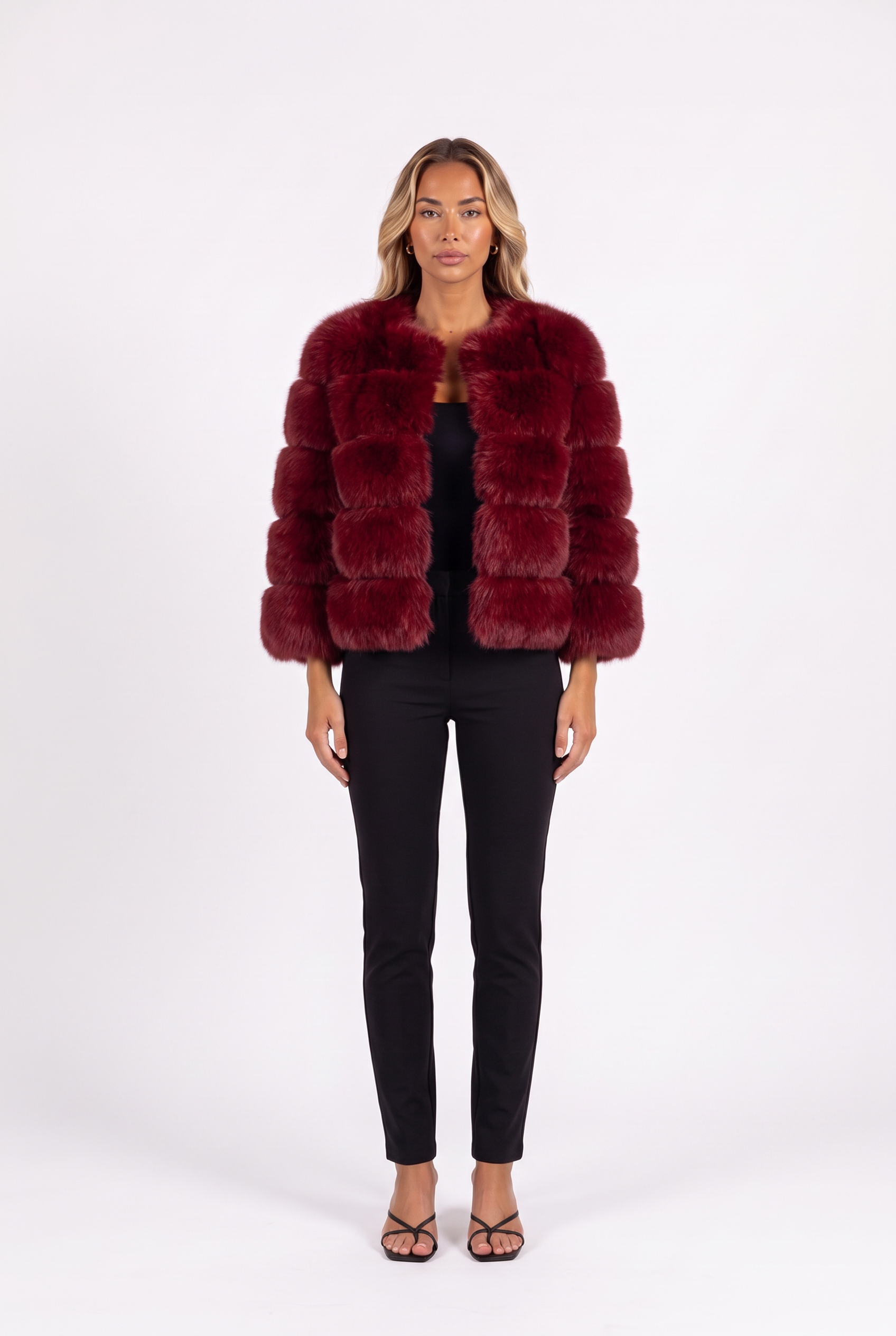 Wine red cropped faux fur jacket with three-quarter sleeves — front